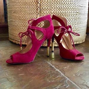 Burgundy Suede and Gold Bebe Stilettos